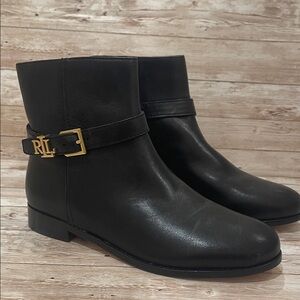 Ralph Lauren Black Leather Ankle Boots with Gold RL Buckle Detail Size 7 NEW